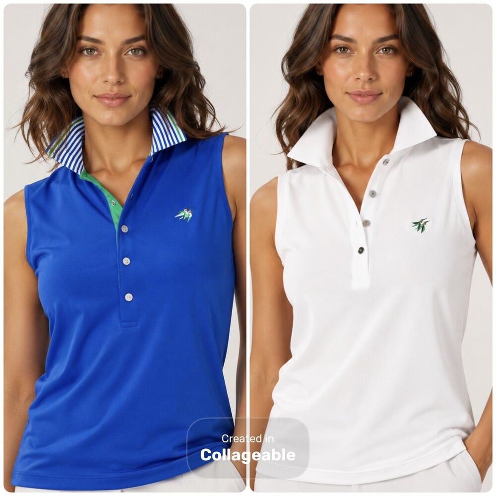 Lot of 2 RLX Ralph Lauren Golf Sleeveless Polo Shirts Women S Blue White Wicking